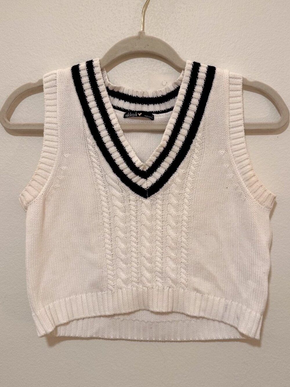 Cropped White Cable-Knit Varsity Vest - Size Small